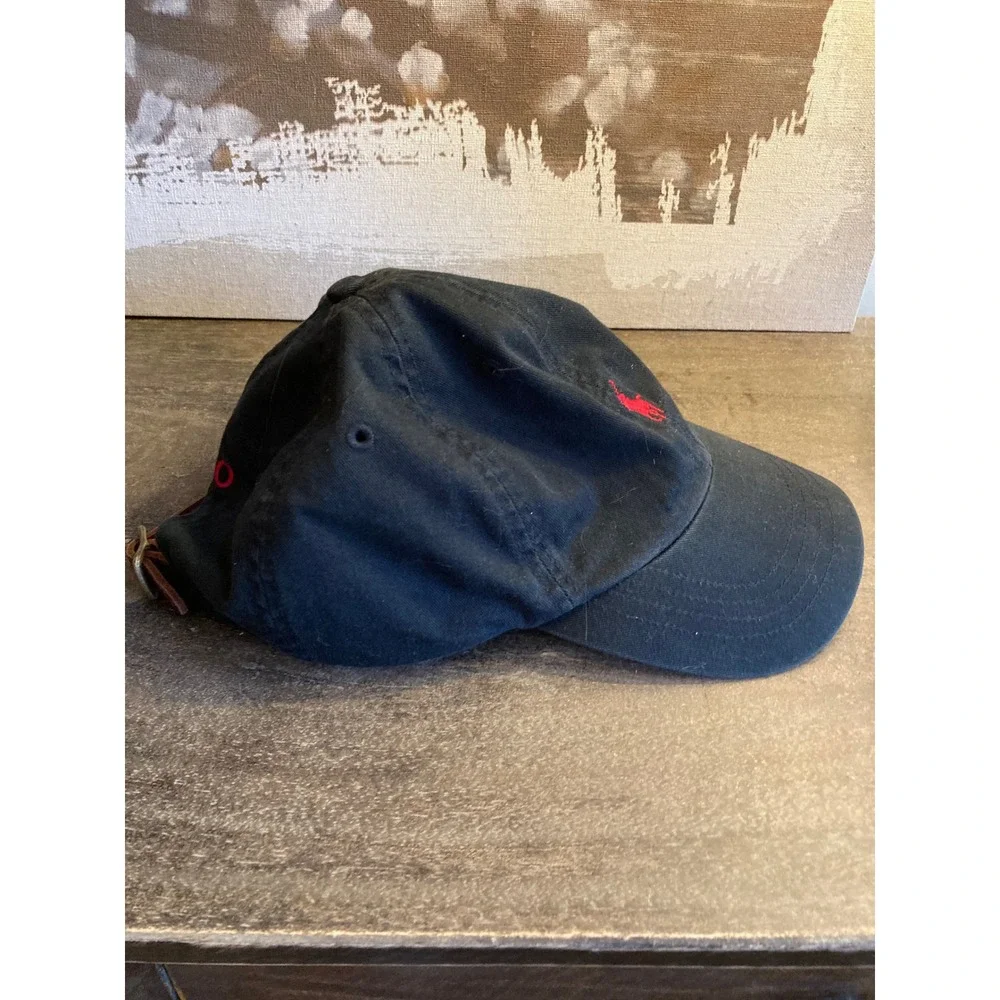 Polo Ralph Lauren Black Cotton Baseball Cap Red Pony Leather Strapback Hat